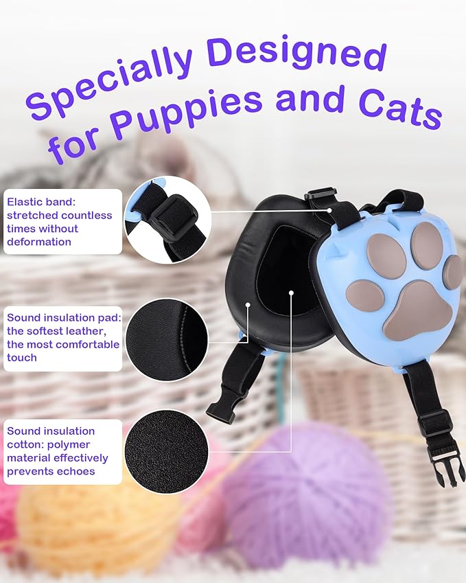 Calming Earmuffs for Cats and Small Dogs - for Anxiety Relief - Noise Canceling for Fireworks, Thunderstorms, Pet Grooming & Force Drying - Dog Ear Muffs Noise Protection (Blue, Medium)