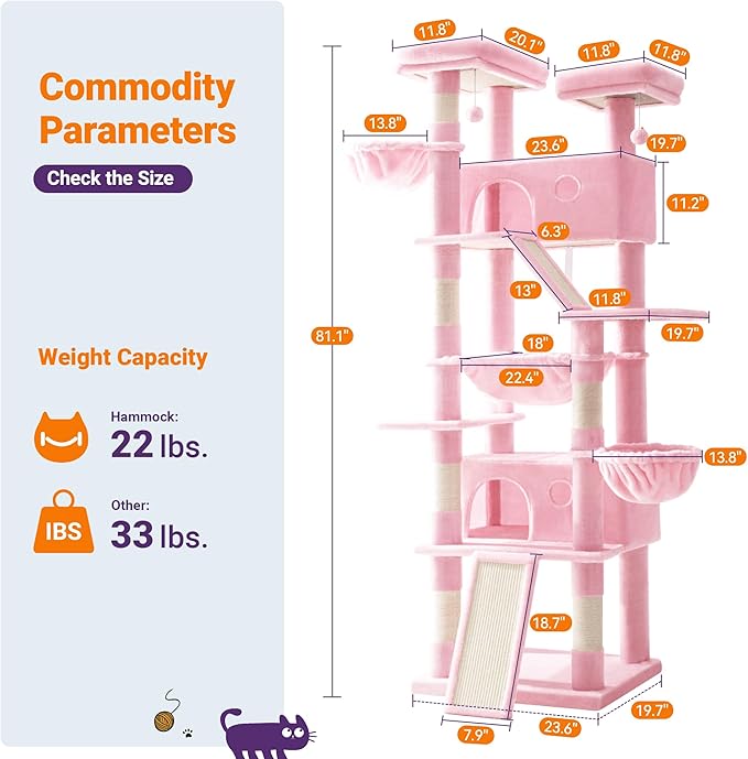 Allewie 81 Inches Tall Cat Tree/Multi-Level Large Climbing Tree House and Towers for Big Feline/Condo and Hammock/Scratching Post/Wide Base/Pink