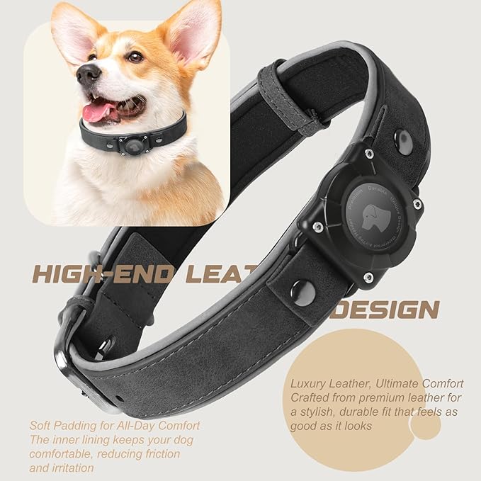 AirTag Dog Collar - Leather Dog Collar with Air Tag Holder | IPX8 Waterproof, Reflective, High - End, Adjustable Soft Padded | Dog GPS Tracker Collars Fit for Medium Large Dogs (Black, M)