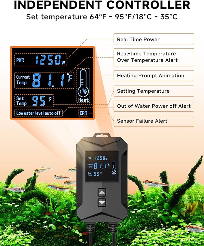 AQQA Aquarium Heater,64-95°F Fast Heating Double Quartz Glass Tube Fish Tank Heater,High-definition LCD Controller Displays Real-time Power,Anti-dry and Over-temperature Protection (1200W 210-330 Gal)
