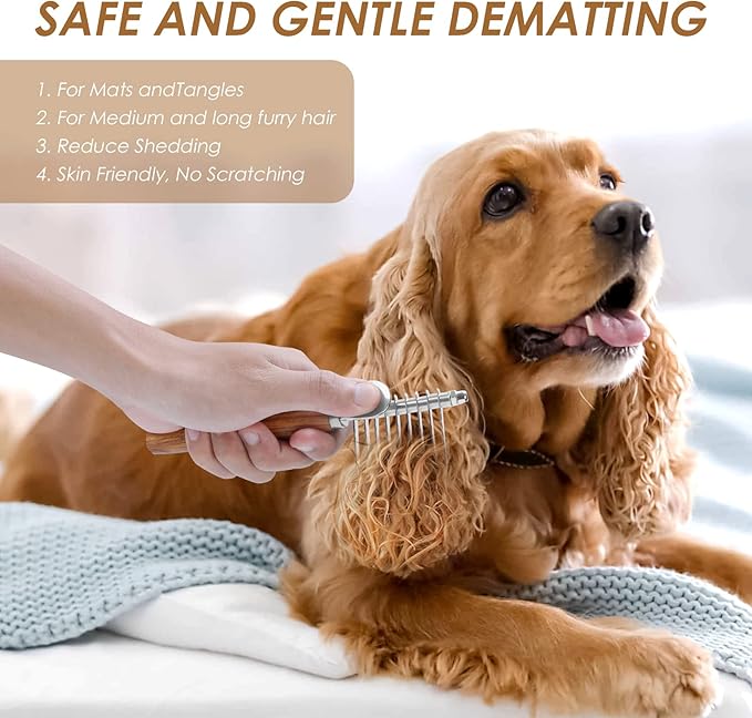 Dog Dematting Comb with Wooden Handle & Detangling Brush - Stainless Steel Undercoat Rake for Long & Thick Haired Dogs & Cats, Professional Grooming Tool for Deshedding and Matted Fur Removal