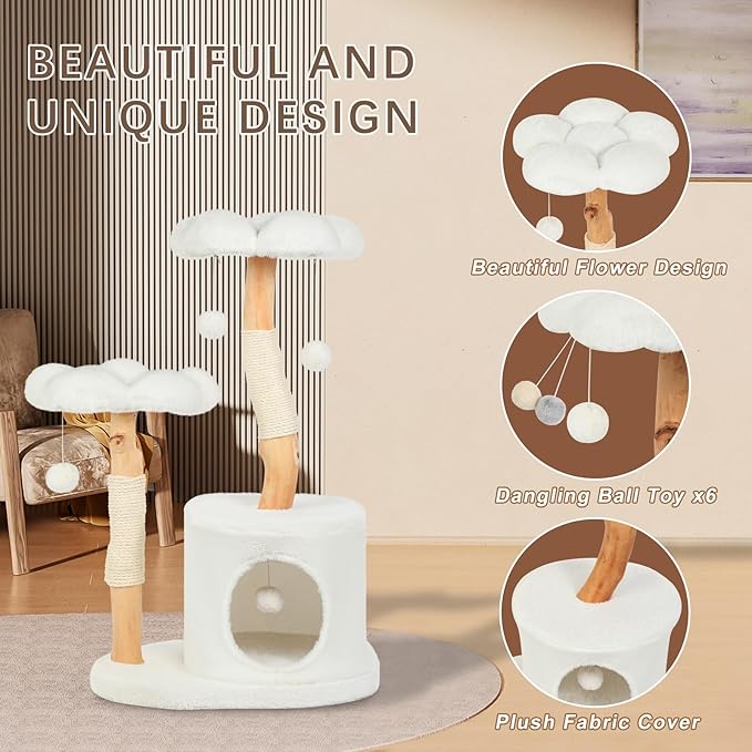 Cute Cat Tree Tower for Indoor Cats Adult, Wood Flower Cat Trees with 6 Pompoms, Modern Cat Tree Tower with Scratching Post, Aesthetic Luxury Cat Condo for Cats Kitten, Alpine White
