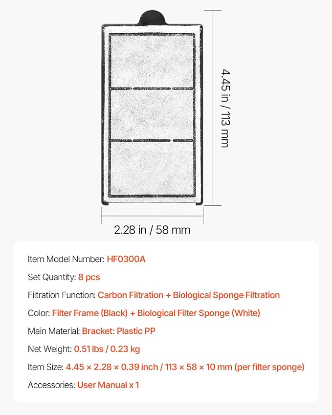 VEVOR Aquarium Filter Cotton, 8 PCS Fish Tank Replacement Filter Cartridges for 2.5/3.5 Gal, Fishbowl Accessories with Multi-Layer Filtration Easy Installation, for MN-200 and MN-280 Models