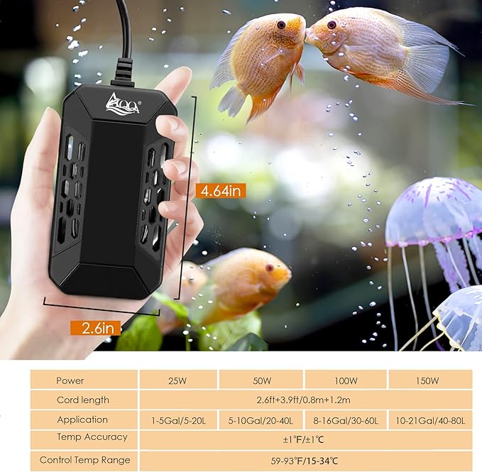 AQQA Aquarium Submersible Heater for Fish Tank,LED Temperature Display and Built-in Thermometer,External Controller Temperature Control Range 59℉-93℉,Safety Control Protects 100W