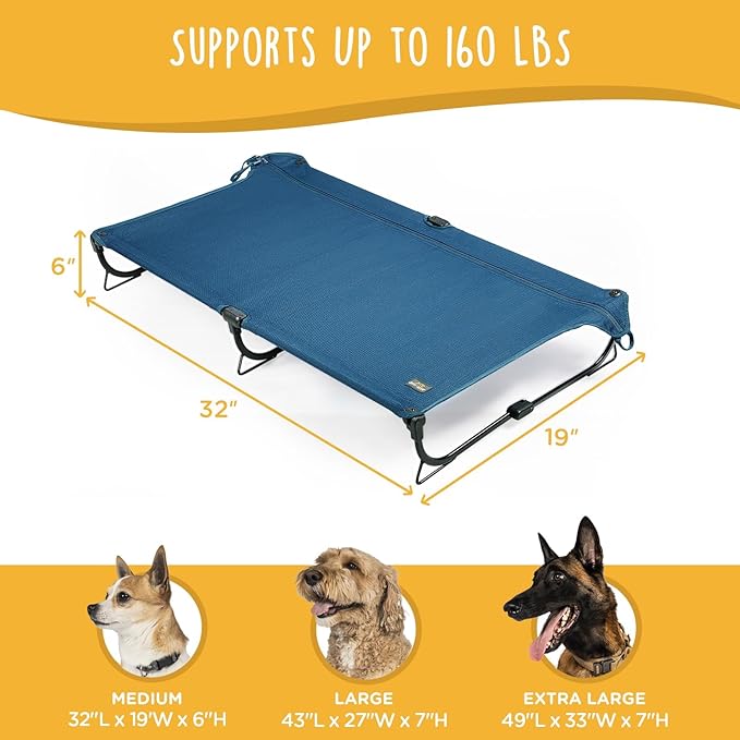Daisy Cot, Medium Foldable Elevated Dog Bed, Portable Raised Outdoor Folding Dog Cot, Cooling, Chew Proof, Waterproof, Heavy Duty Up to 160 Lbs for Camping/Home, Dark Blue, 32"x 19"x6"