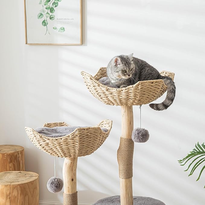 Cat Tree Tower, 46 inch Modern Cat Tree for Indoor Cats Large Adult, Luxury Cat Condo with Scratching Post, Real Solid Wood Branch Indoor Boho Furniture, Climbing Tower, Gray
