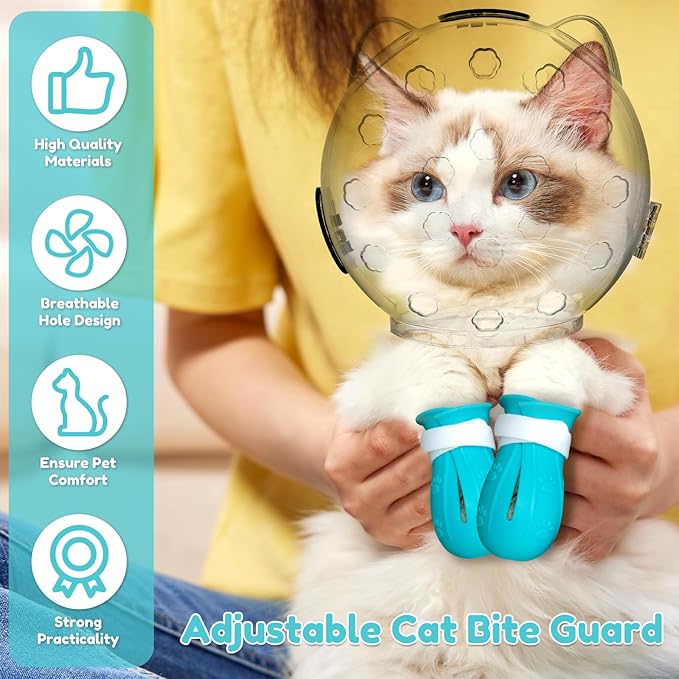 Cat Muzzle, Cat Mouth Cover for Grooming with 4 Silicone Paw Shoes, Cat Anti Bite Helmet, Silicone Claw Covers, Cat Breathable Hood for Cats Bathing Shaving Nail Trimming (Small)