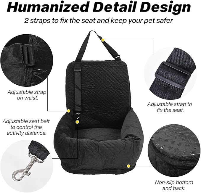 Dog Car Seat for Small Medium Dogs Up to 40lbs, Detachable Washable Soft Pet Booster Travel Bed for Front & Black Seat with Safety Leash Belt