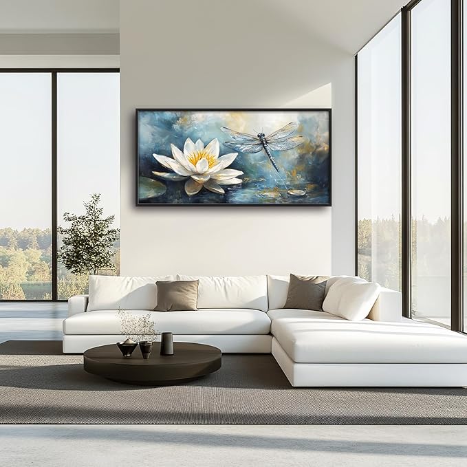 Extra Large Lotus Dragonfly Framed Wall Art for Living Room,Abstract Blue Lotus Flower Lake Pictures Wall Decor,Nature Canvas Print Painting Modern Artwork Bedroom Office Bathroom 60L" x 30W"