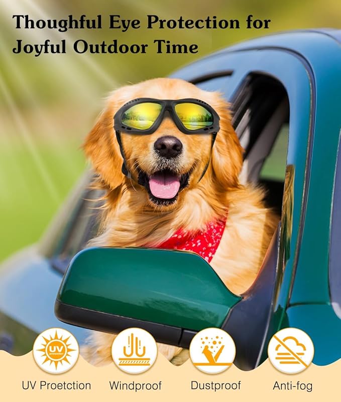 Dog Goggles Large Breed, UV Protection Dog Sunglasses with Sponge Pad and Adjustable Strap, Windproof Dustproof Anti-Fog Eye Protection Glasses for Outdoor Driving Riding, Black
