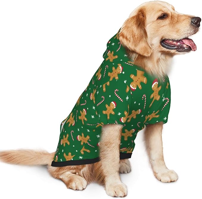 Green Christmas Gingerbread Men Candies Hoodie,Christmas Cosplay Dog Clothes with Pocket and Hat Winter Clothes Sweaters X-Small