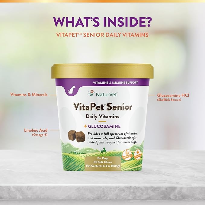 NaturVet VitaPet Senior Daily Vitamins Plus Glucosamine for Dogs, 60 ct Soft Chews, Made in The USA with Globally Source Ingredients