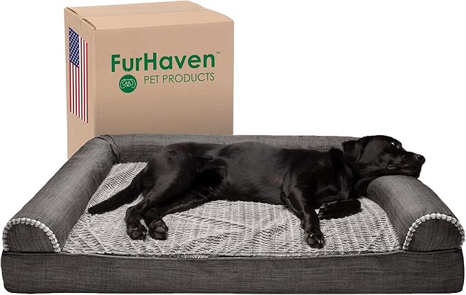 Furhaven Orthopedic Dog Bed for Large Dogs w/ Removable Bolsters & Washable Cover, For Dogs Up to 125 lbs - Luxe Faux Fur & Performance Linen Sofa - Charcoal, Jumbo Plus/XXL