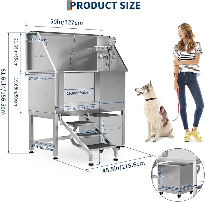 50" Stainless Steel Professional Dog Washing Station - Pet Bathing Tub w/Non-Slip Stairs & Storage Shelf | Slip-Resistant Floor Grate | for Large/Medium/Small Dogs
