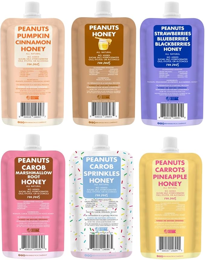 BUDDY BUDDER 6 Pack Mixed Flavor Squeeze Packs, 100% Natural Dog Peanut Butter, Healthy Peanut Butter Dog Treats, Made in USA, (4oz Packs)