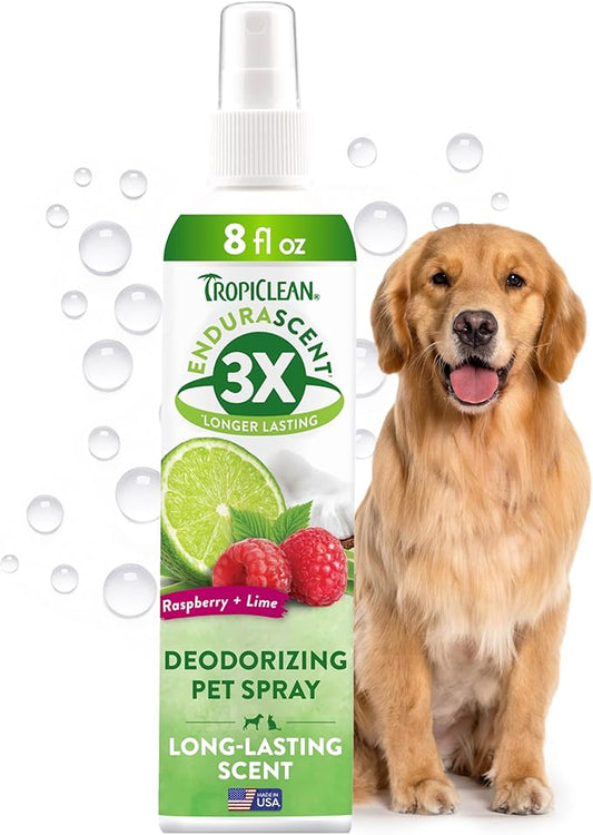 TropiClean Dog Perfume, Long Lasting Raspberry Lime Cologne, Deodorizing Spray for Smelly Dogs, After Bath Detangling Spray, Safe for Cats, 8oz.