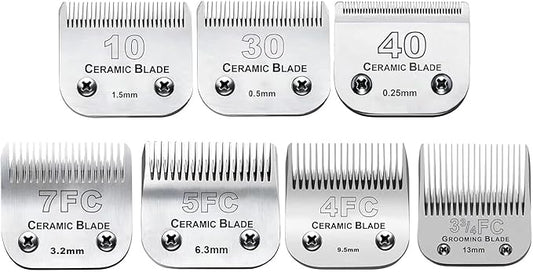 7pcs Dog Grooming Blades Compatible with Andis/Wahl/Oster Dog Clippers,Detachable Ceramic Blade & Stainless Steel Blade,Size:#3FC+4FC+5FC+7FC+10+30+40