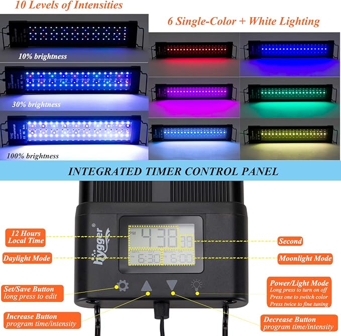 hygger Auto On Off LED Aquarium Light 12-17 Inches Dimmable 7 Colors Full Spectrum Fish Tank Light Fixture for Freshwater Planted Tank Build in Timer Sunrise Sunset