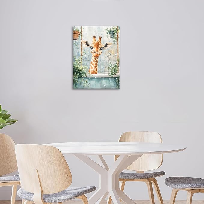Bathroom Funny Giraffe Pictures Wall Art, Watercolor Giraffe Bathroom Wall Decor, Animal Framed Painting Canvas Artwork for Living Room Decorations 20"L x 16"W