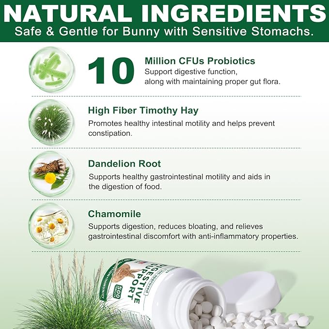 500 Tablets, Digestive Support Rabbit, Support GI Stasis, Bloat, Constipation, and Diarrhea, Strengthens Immune System, Premium Formula with High Fiber, Vitamins and Probiotics, Non-GMO