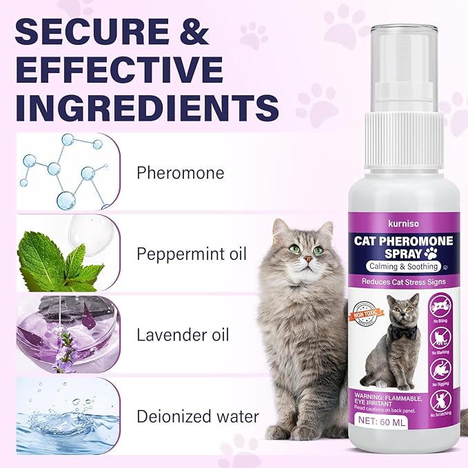 Cat Calming Pheromone Spray, 2 Pack, Calming Spray for Cat Anxiety Relief, Reduce Stress, Hiding & Scratching Furniture - During Travel, Fireworks, Thunder, 60 ML