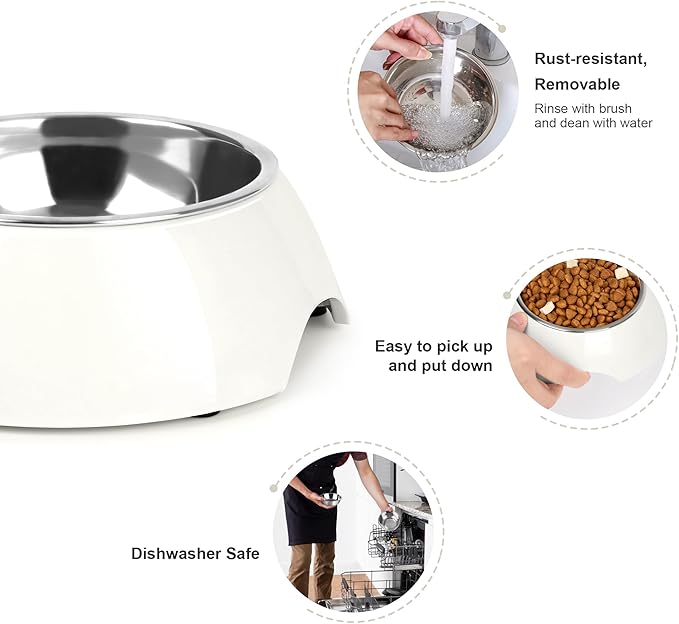 Double Dog Bowls Set – Non-Slip Pet Food & Water Dishes with Resin Stand, Includes Small (1 Cup) & Medium (2 Cups) Bowls – Ideal for Puppies, Cats, and Medium Dogs – White