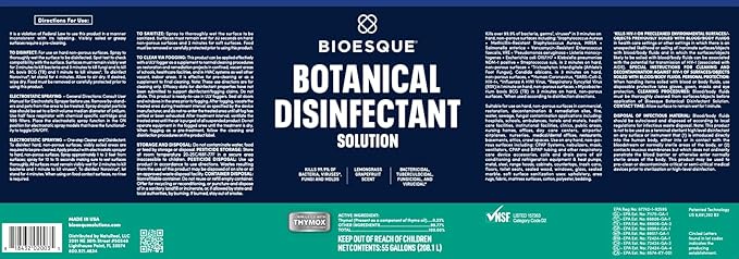 Bioesque Botanical Disinfectant Solution, Heavy Duty Broad-Spectrum Disinfectant, Kills 99.9% of Bacteria, Viruses*, Fungi, & Molds, 55 Gallon (Pack of 1)