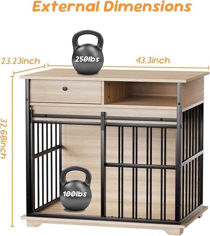35.5" Dog Crate Furniture, Wooden Dog Crate Furniture for Medium Small Dogs, Wooden Dog Kennel End Table with Drawer and Open Shelves, Sliding Door Dog Kennel Furniture