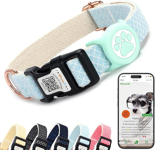 Dog Collar with Waterproof AirTag Holder & Anti-Lost QR Code, Cute Bling Warpping Adjustable Width for Small Medium Large Pet (Light Blue, L)