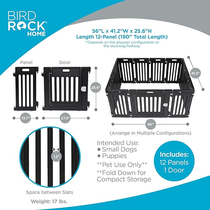 BIRDROCK HOME Dog Playpen w/Door, 12 Panel, 25.6in H | Strong Plastic, Non-Slip Puppy Playpen, Secure Pet Gate | Indoor Outdoor Fence | Configurable Panels | Small to Medium Pets - Black