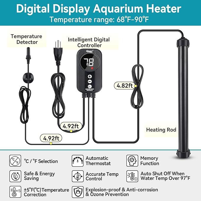 hygger Marine Aquarium Heater 200W,Titanium Heater with Digital LED Controller & Temperature Probe,Submersible Fish Tank Heater with Temperature Calibration,for Saltwater Freshwater Tank 30-40Gallon