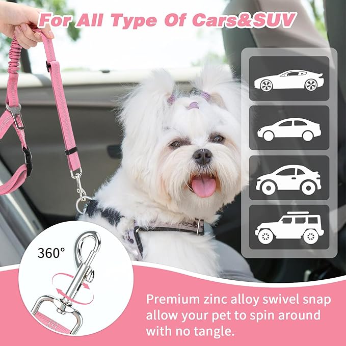 BWOGUE 2 Piece Dog Seat Belt for Car with Elastic Bungee Buffer Safety Seatbelt Car Headrest Restraint Wear Adjustable Metal Buckle Harness in Vehicle Travel for Pet