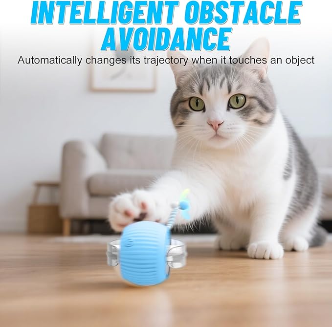 Interactive Cat Toy Ball for Indoor Cats with Mesh Tail & Foils, Automatic Rolling Three Modes Agile Moving Cat Ball to Keep Them Busy Rechargeable, Blue
