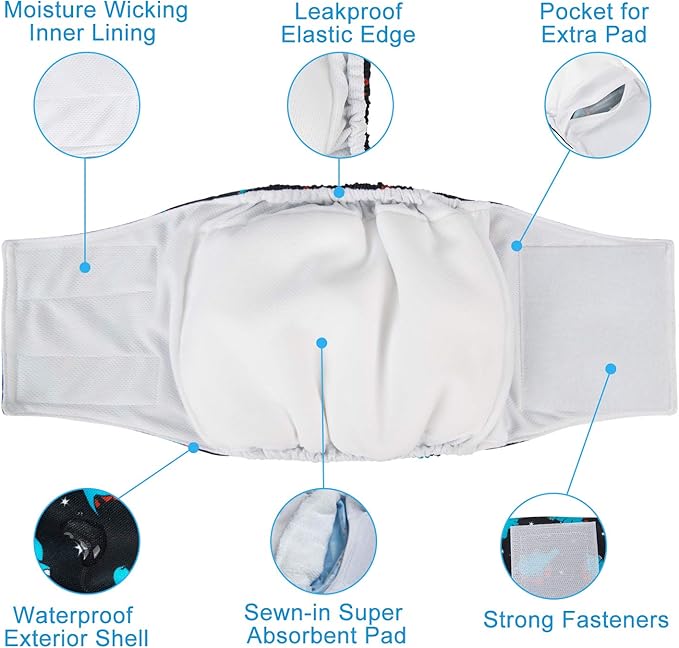 CuteBone Dog Diapers Male Belly Bands 3 Pack for Male Dogs Reusable Puppy Wraps DM65XS