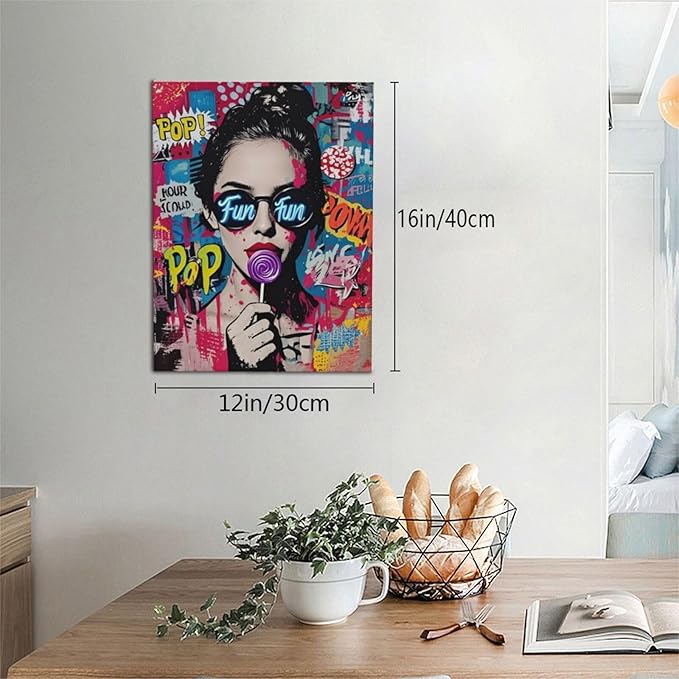 Fashion Women Wall Art Glam Modern Artwork for Girls Banksy Street Graffiti Pop Art Canvas Pictures Painting Print Framed Decorations Gifts for Bedroom Living Room Office 12"x16"