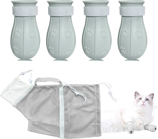 Anti-Scratch Silicone cat Shoes,Cat Claw Covers,Adjustable Multifunctional Anti-Bite Shower net Bag，Cat Grooming Mesh Bag,Cat Bathing Bag(Grey-2)