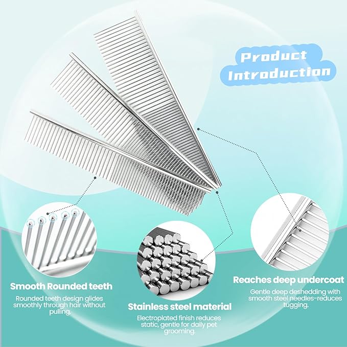 [3 Pack] Stainless Steel Pet Comb Set – Grooming Combs for Dogs & Cats, Large Medium Small Sizes – for Long, Short, Curly Hair, Detangling Matted or Knotted Undercoat Hair
