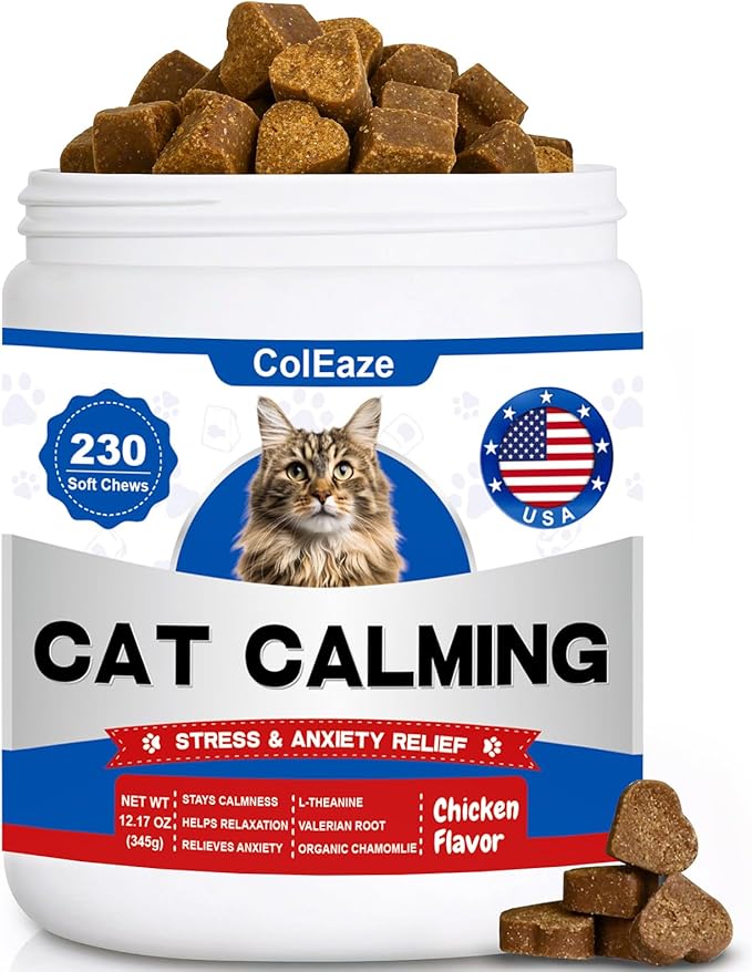 Calming Chews for Cats, Cat Calming Treats - Cat Anxiety Relief, Helps Reduce Stress & Promotes Relaxation for Travel, Boarding, Vet Visits, Separation Anxiety - Chicken (230 Soft Chews)