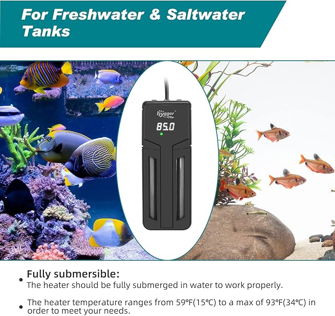 hygger Aquarium Heater,75W/150W/300W Submersible Fish Tank Water Heater Double Quartz Explosion-Proof with for Freshwater Saltwater Tank