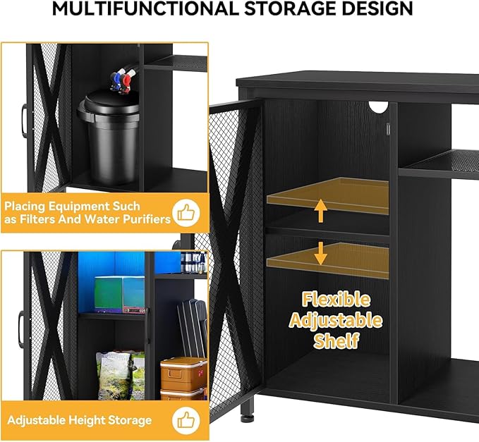 DWVO 40-50 Gallon Aquarium Stand with Power Outlets & LED Light, Cabinet for Fish Tank Accessories Storage - Metal Fish Tank Stand Suitable for Turtle Tank, Reptile Terrarium, 660LBS Capacity, Black