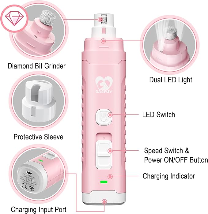 Casfuy Dog Nail Grinder with 2 LED Light for Large Medium Small Dogs - 3X More Powerful 2-Speed Electric Pet Nail Trimmer Rechargeable Quiet Painless Paws Grooming & Smoothing Tool
