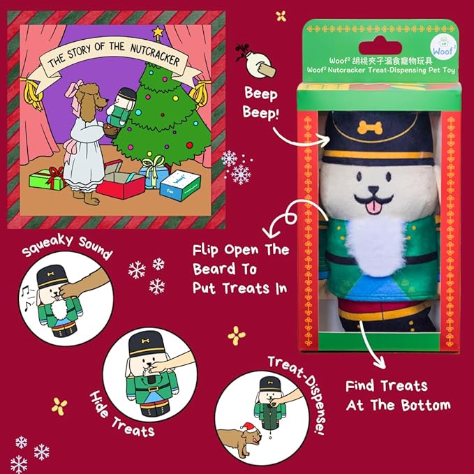 Nutcracker Treat-Dispensing Soft Plush Squeaky Pet Toy - Christmas/X’Mas Festive Enrichment Gift, Durable Cute&Fun Toy for Interactive Play,Hide Food for Nose-Work Puzzle, Small Medium Dogs