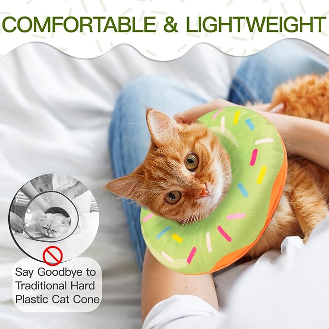 Cat Cone Collar Soft, Cute Cat Donut Collar After Surgery, Adjustable Kitten Recovery Cones to Stop Licking, Lightweight Neck Elizabethan Collars for Cats Kittens (Green, Medium)