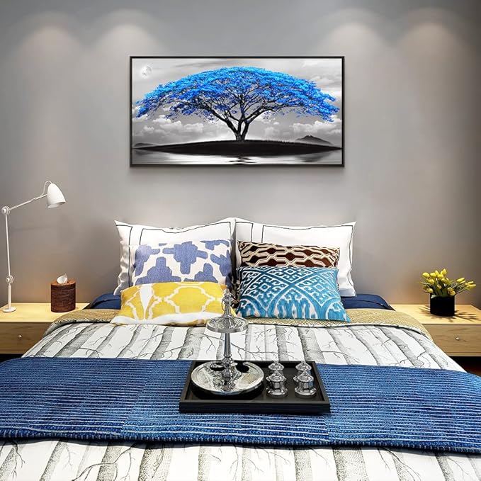 Framed Canvas Wall Art For Living Room Large Size Office Wall Decor Bedroom Decor Wall Pictures Artwork Black And White Landscape Blue Tree Moon Wall Painting Home Decorations Black Frame 20" X 40"
