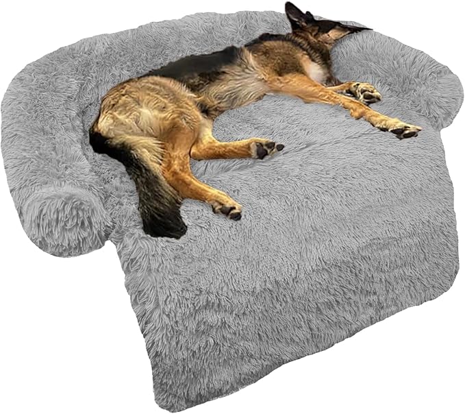 GGIB Calming Dog Bed Fluffy Plush Dog Mat for Furniture Protector with Removable Washable Cover for Large Medium Small Dogs and Cats (Large, Grey)