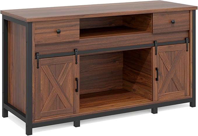 Miereirl 75-120 Gallon Fish Tank Stand with Power Outlet – Heavy Duty Aquarium Stand, Rustic Farmhouse Style, 1000 lb Capacity, Adjustable Storage & Sliding Barn Doors, Light Brown