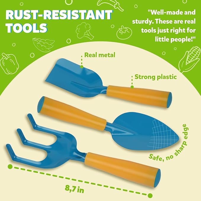 Blue Kids Gardening Tools - Includes Sturdy Tote Bag, Watering Can, Gloves, Shovels, Rake, and Delightful Children's Book - Kids Garden Tool Set -Easter Gifts for Toddler Age on up.
