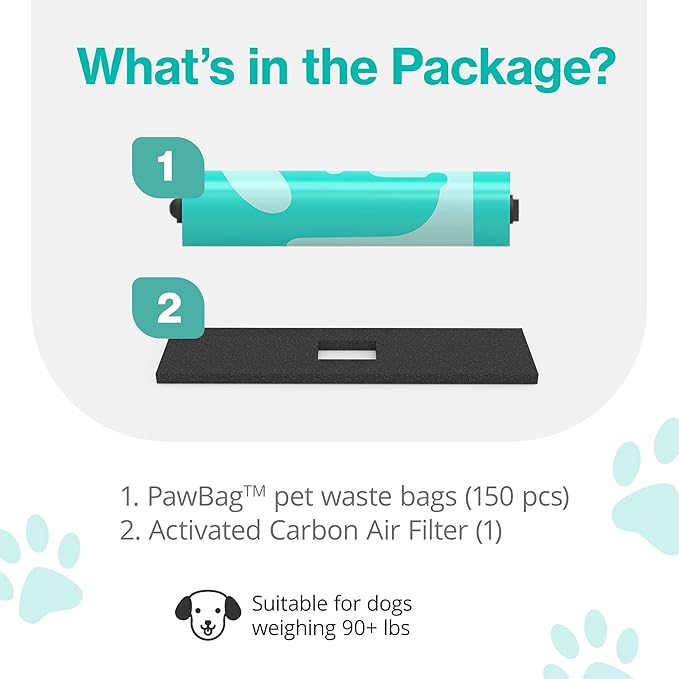 PawPail Dog Poop Bags and Air Filter Duo, Leakproof & Durable Poop Bags for Trash Can, with 1 Activated Carbon Filter - Pooper Scooper Dog Products, Dog Accessories | 1 Roll of 150 XL Size Bags