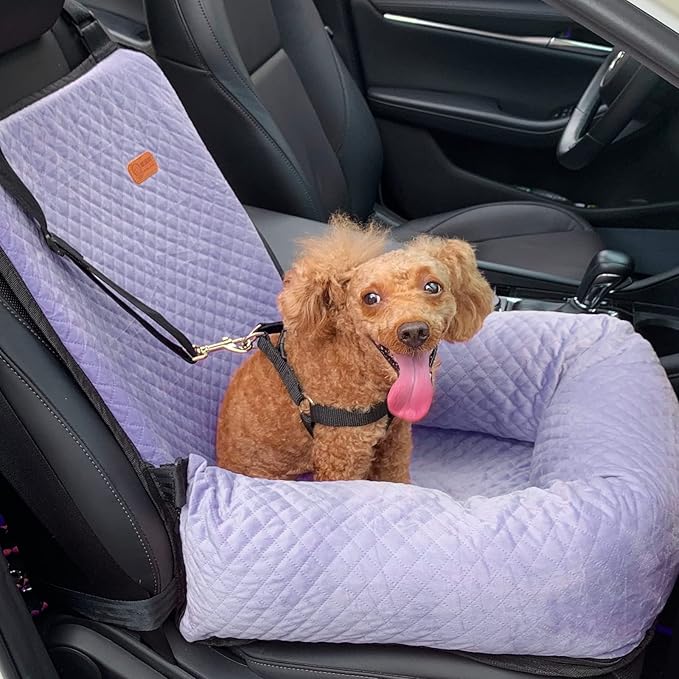 Dog Car Seat for Small Medium Dogs Up to 40lbs, Detachable Washable Soft Pet Booster Travel Bed for Front & Purple Seat with Safety Leash Belt