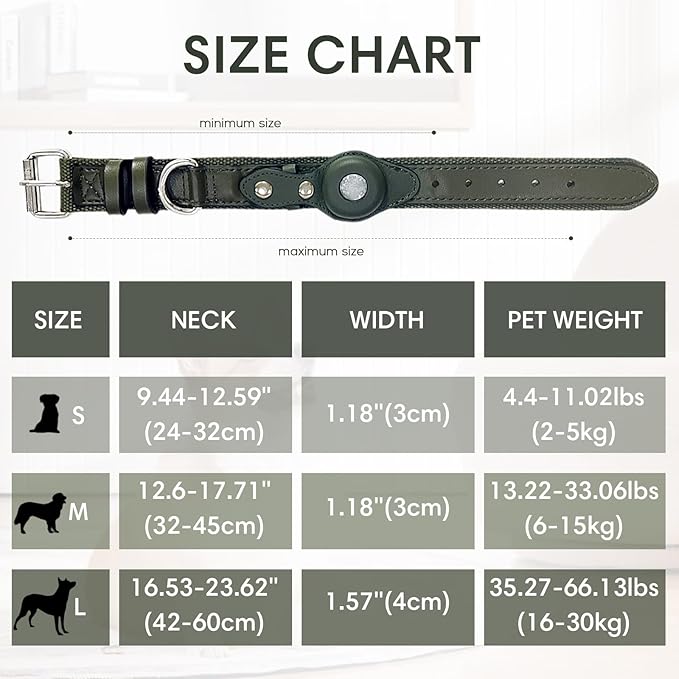 AirTag Dog Collar Soft Leather Webbing Dog Collar for AirTag Provides Double Protection for Small Medium and Large Dogs(Blue,S)